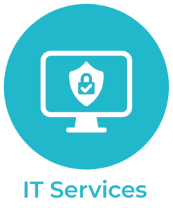 IT Services logo: teal circle with a monitor icon and a shield with a lock and check, plus the text 'IT Services' below.